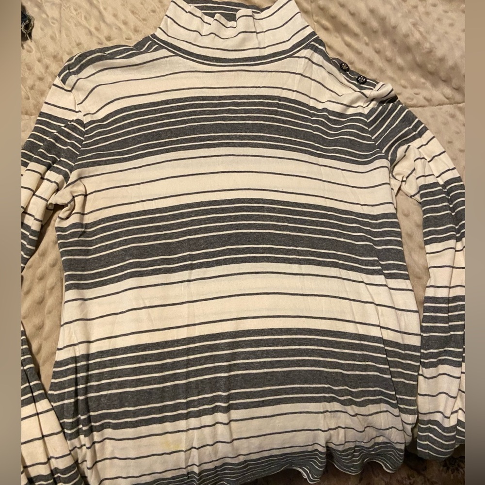 Tori Burch Striped Gray and Cream Turtleneck Top
